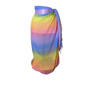 Womens Chiffon Ombre Rainbow Beach Wrap Sarong Sheer Beach Shiny Print Border